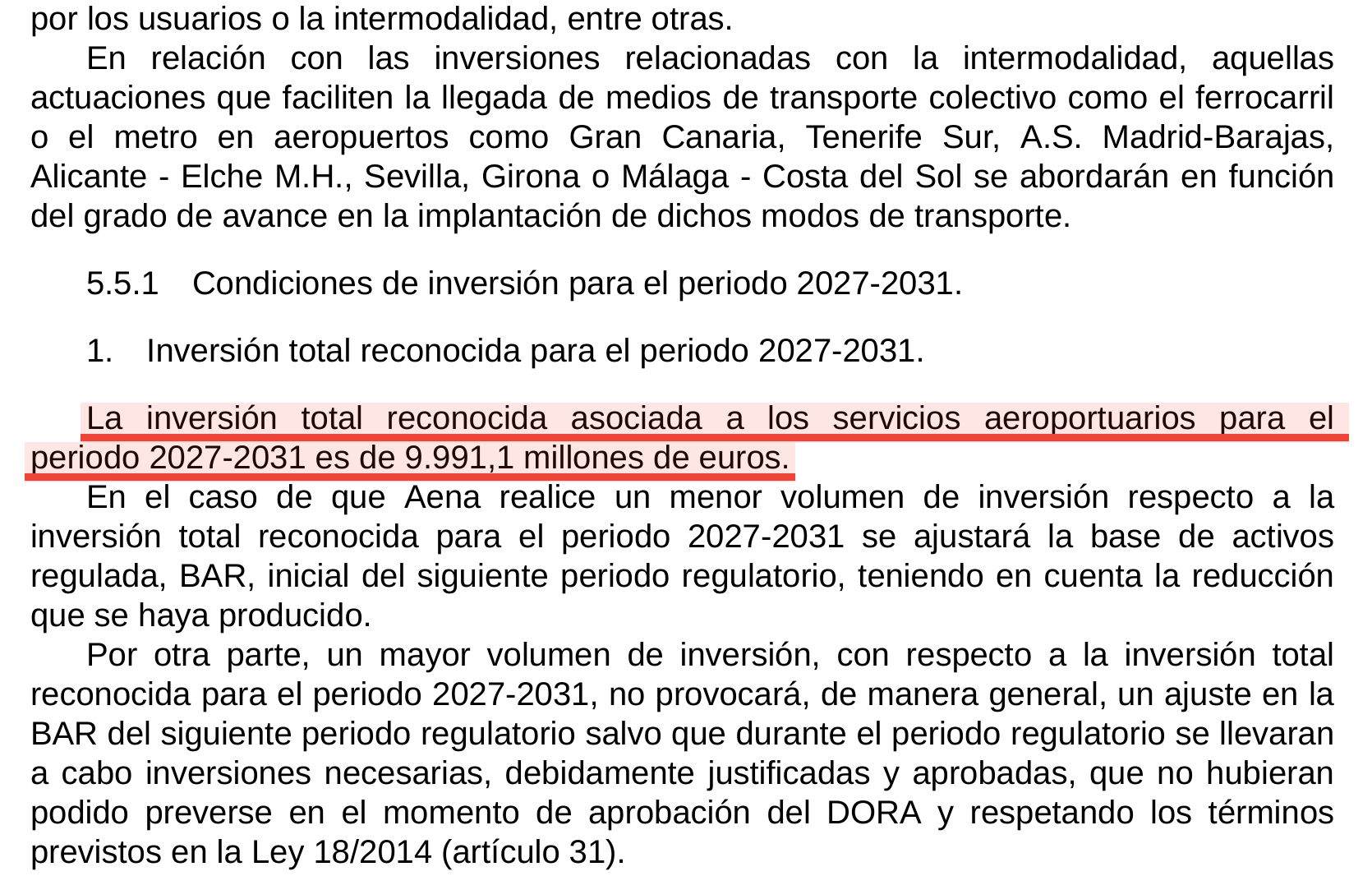 Página 123977 del BOE con la frase subrayada en rojo: La inversión total reconocida asociada a los servicios aeroportuarios para el periodo 2027-2031 es de 9.991,1 millones de euros.